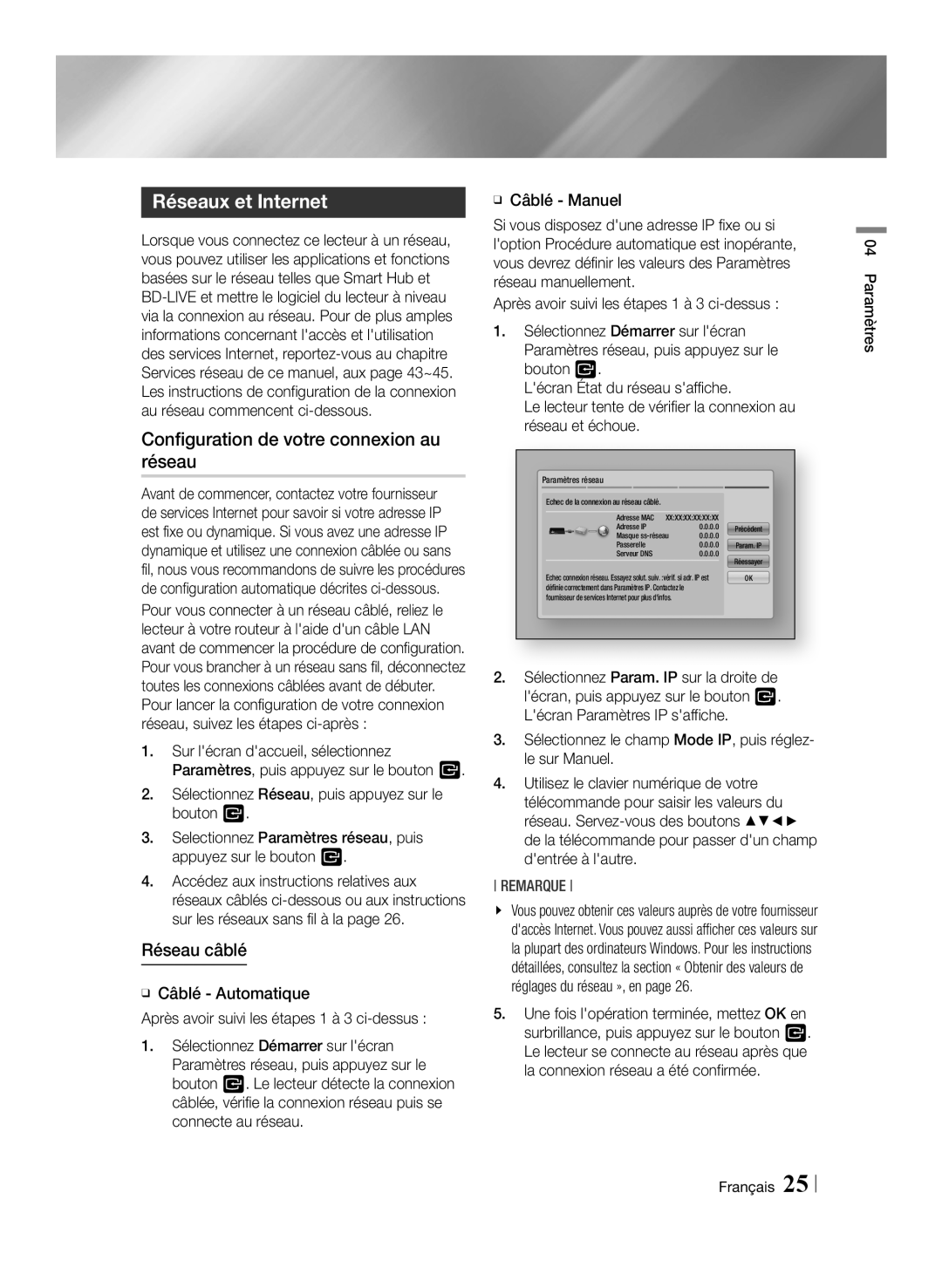 Samsung BD-E6100/XE, BD-E6100/XN, BD-E6100/EN Réseaux et Internet, Configuration de votre connexion au réseau, Réseau câblé 