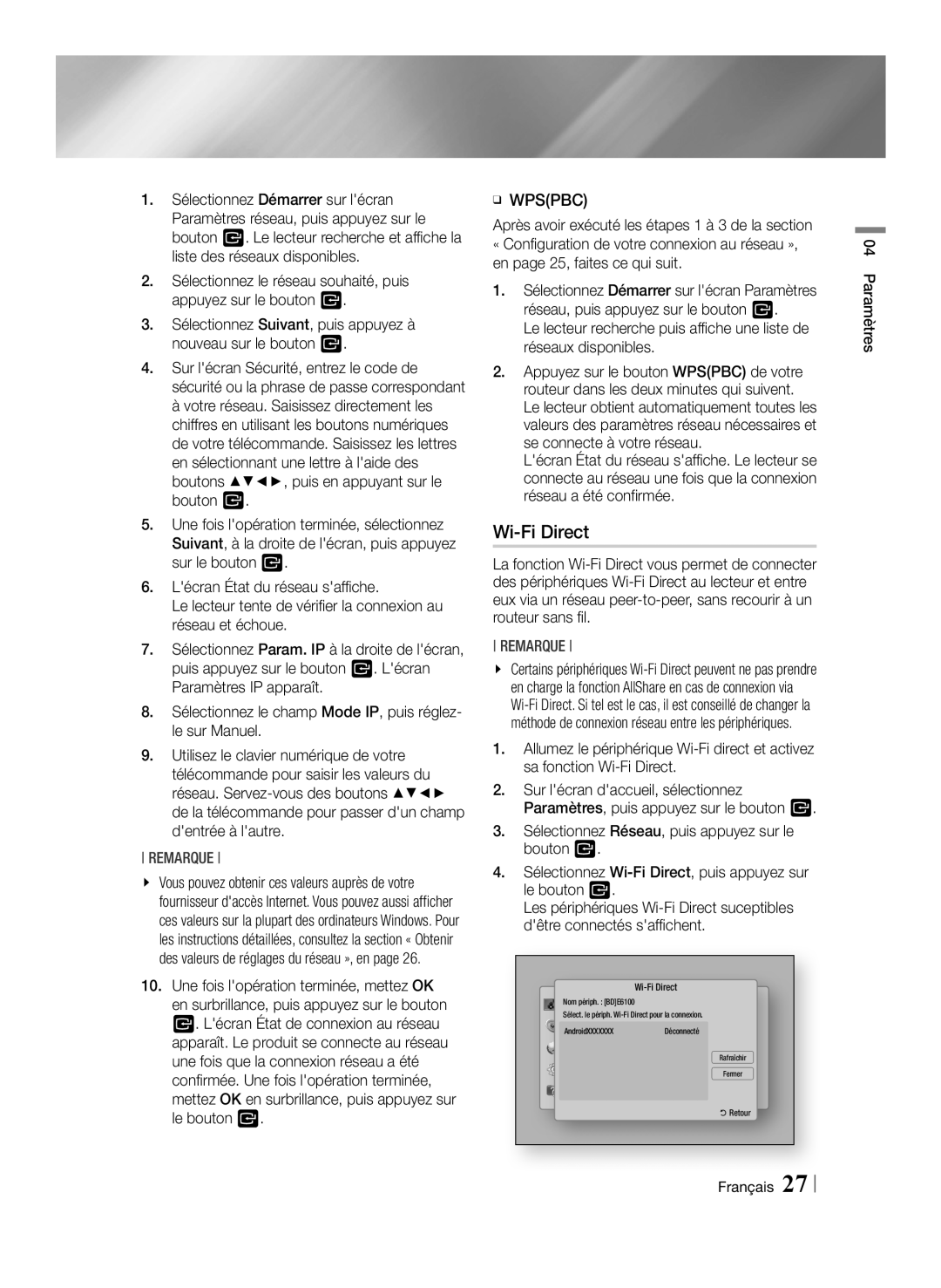 Samsung BD-E6100/EN, BD-E6100/XN, BD-E6100/ZF, BD-E6100/XE manual ĞĞ Wpspbc, Français Paramètres 