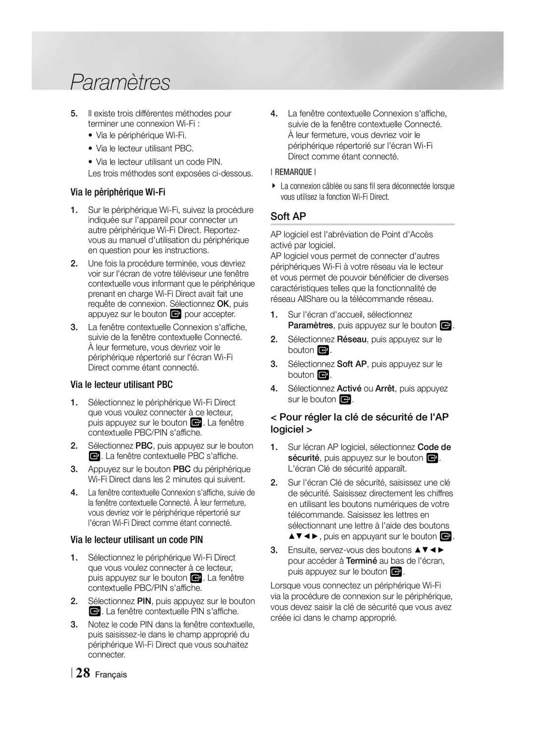 Samsung BD-E6100/ZF manual Via le périphérique Wi-Fi, Via le lecteur utilisant PBC, Via le lecteur utilisant un code PIN 