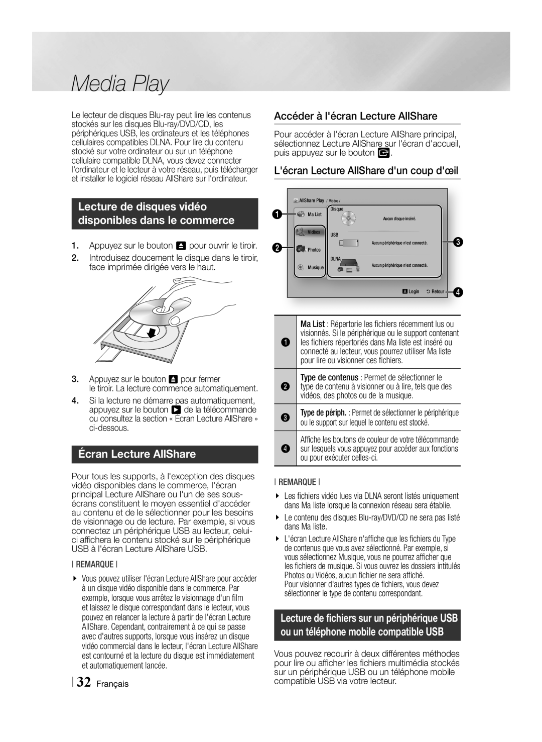 Samsung BD-E6100/ZF manual Écran Lecture AllShare, Accéder à lécran Lecture AllShare, Lécran Lecture AllShare dun coup dœil 