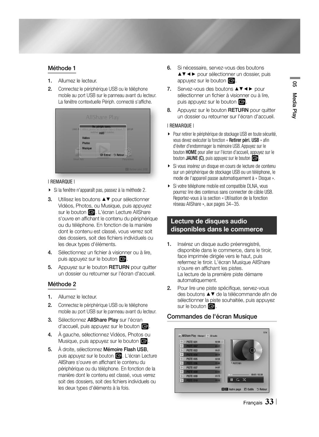 Samsung BD-E6100/XE, BD-E6100/XN, BD-E6100/EN manual Commandes de lécran Musique, Méthode, Allumez le lecteur, Français 