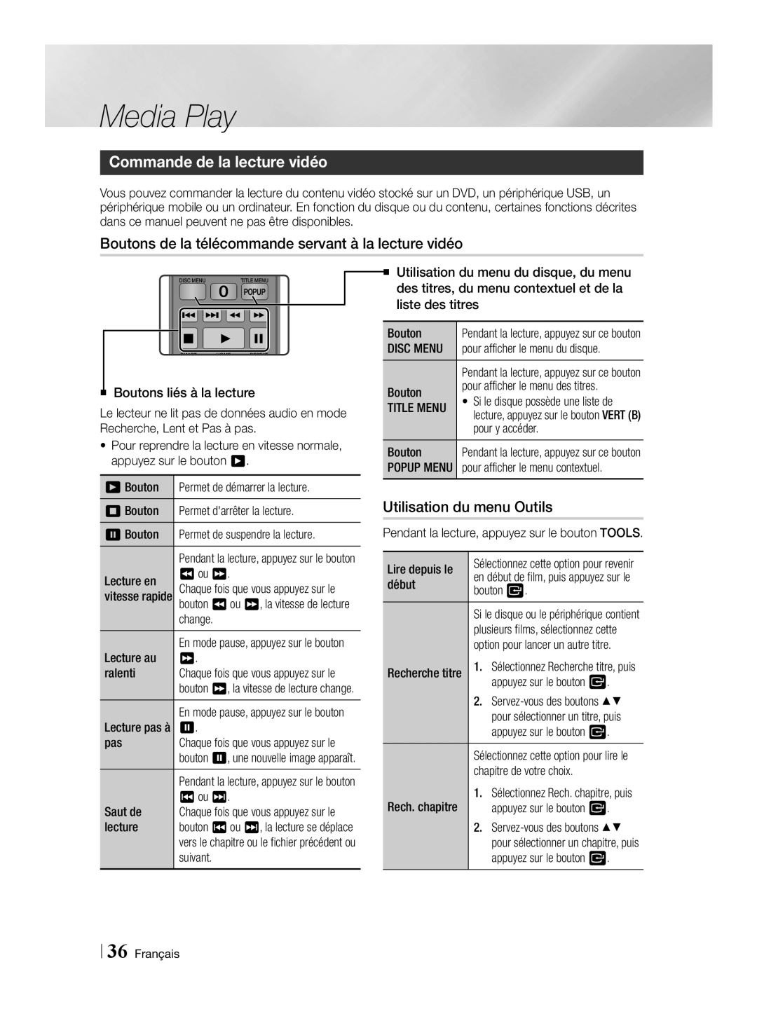 Samsung BD-E6100/ZF, BD-E6100/XN manual Commande de la lecture vidéo, Boutons de la télécommande servant à la lecture vidéo 