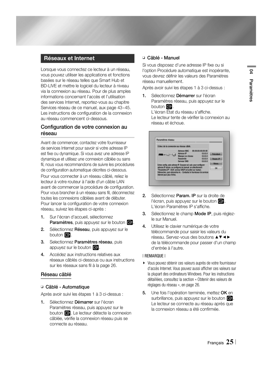 Samsung BD-E6100/ZF, BD-E6100/XN, BD-E6100/EN Réseaux et Internet, Configuration de votre connexion au réseau, Réseau câblé 