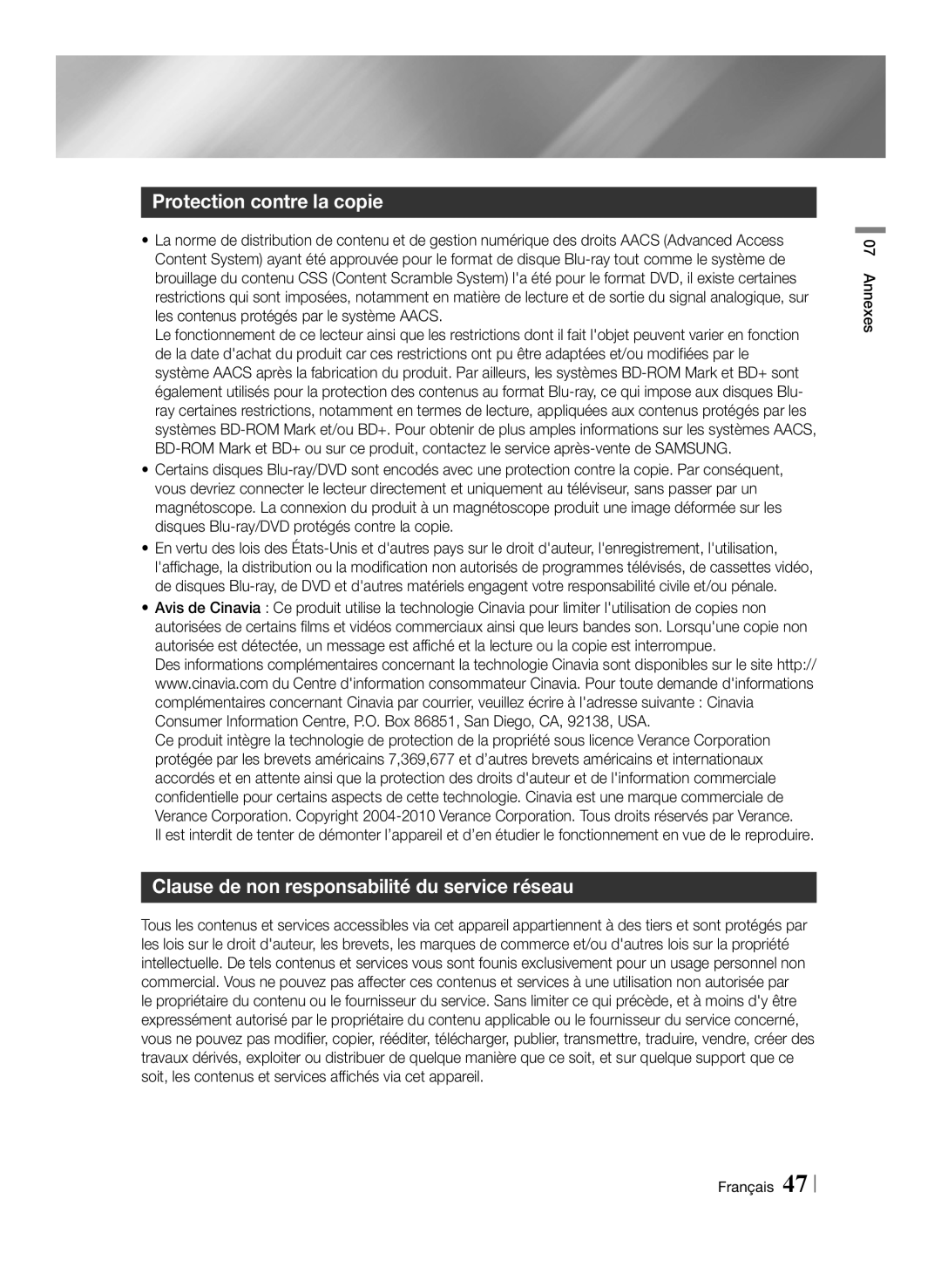 Samsung BD-E6100/XN manual Protection contre la copie, Clause de non responsabilité du service réseau, Annexes Français 