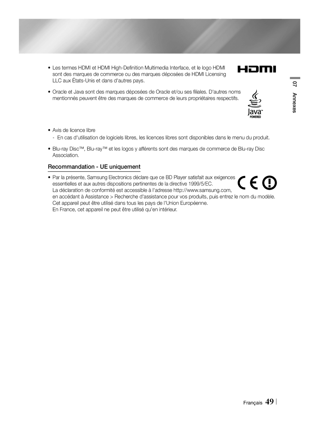 Samsung BD-E6100/ZF, BD-E6100/XN, BD-E6100/EN, BD-E6100/XE manual Recommandation UE uniquement 