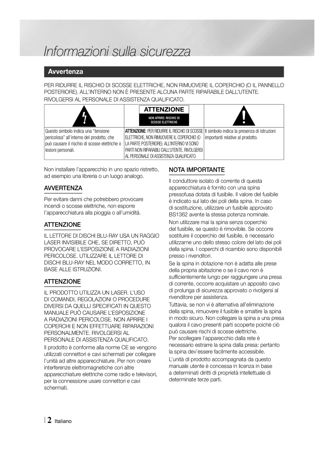 Samsung BD-E6100/ZF Informazioni sulla sicurezza, Avvertenza, Importanti relative al prodotto, Lesioni personali, Italiano 