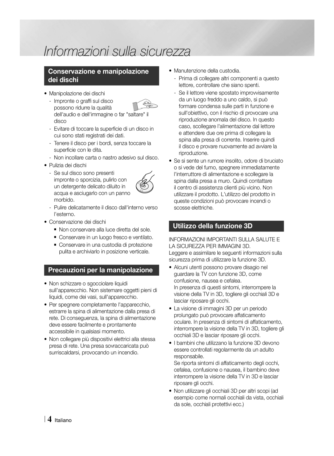 Samsung BD-E6100/XN Conservazione e manipolazione dei dischi, Precauzioni per la manipolazione, Utilizzo della funzione 3D 