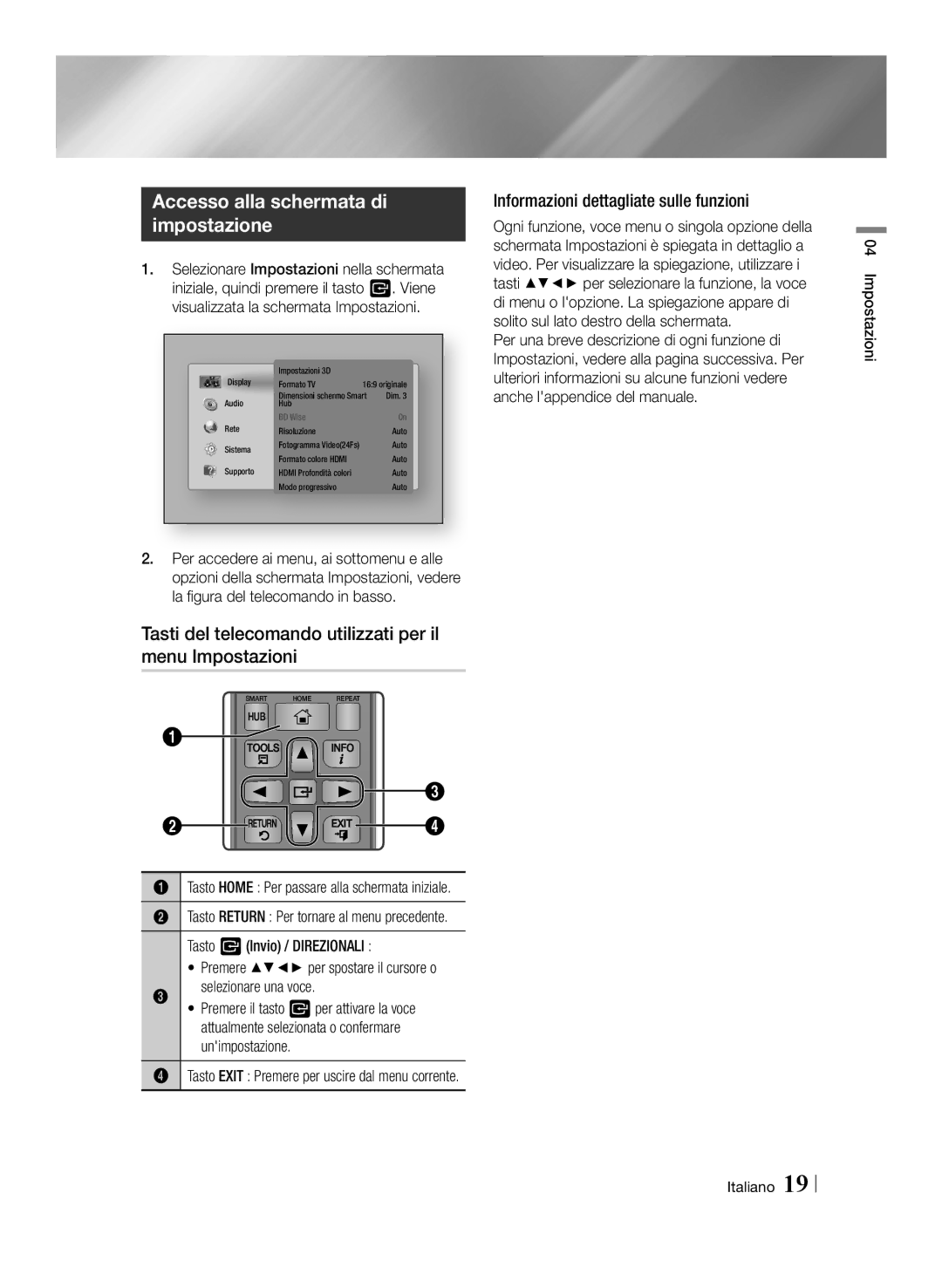 Samsung BD-E6100/XE Accesso alla schermata di impostazione, Tasti del telecomando utilizzati per il menu Impostazioni 