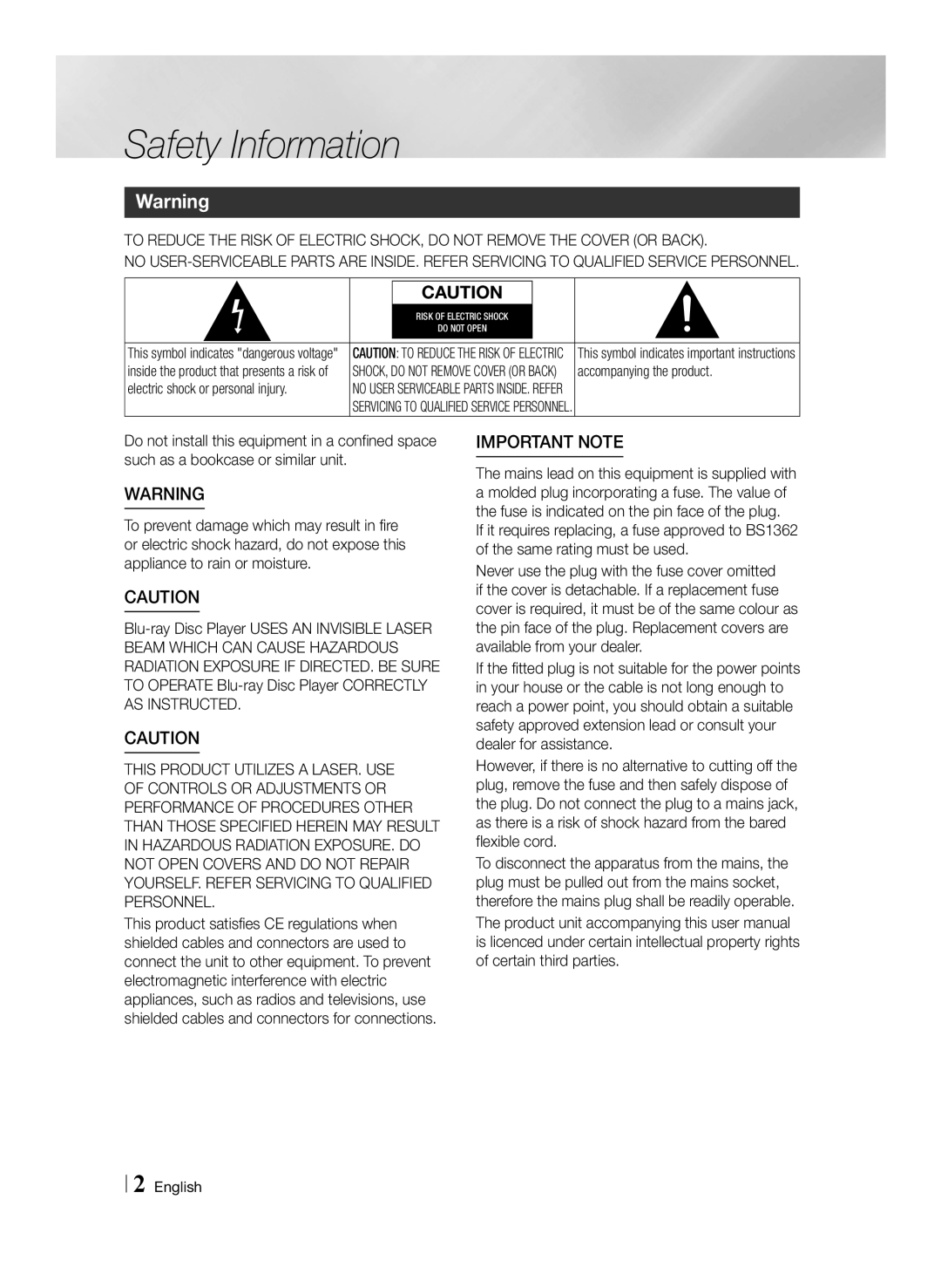 Samsung BD-E6100/ZF, BD-E6100/XN Safety Information, Accompanying the product, Electric shock or personal injury, English 