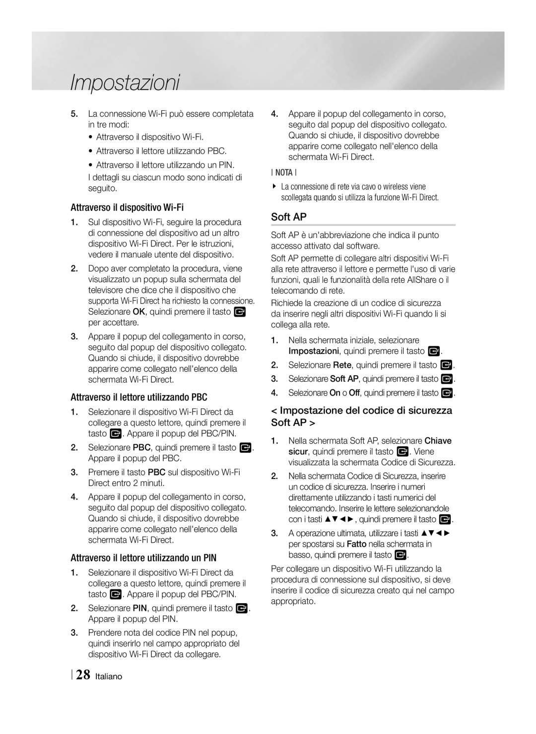 Samsung BD-E6100/XN, BD-E6100/EN, BD-E6100/ZF manual Attraverso il dispositivo Wi-Fi, Attraverso il lettore utilizzando PBC 