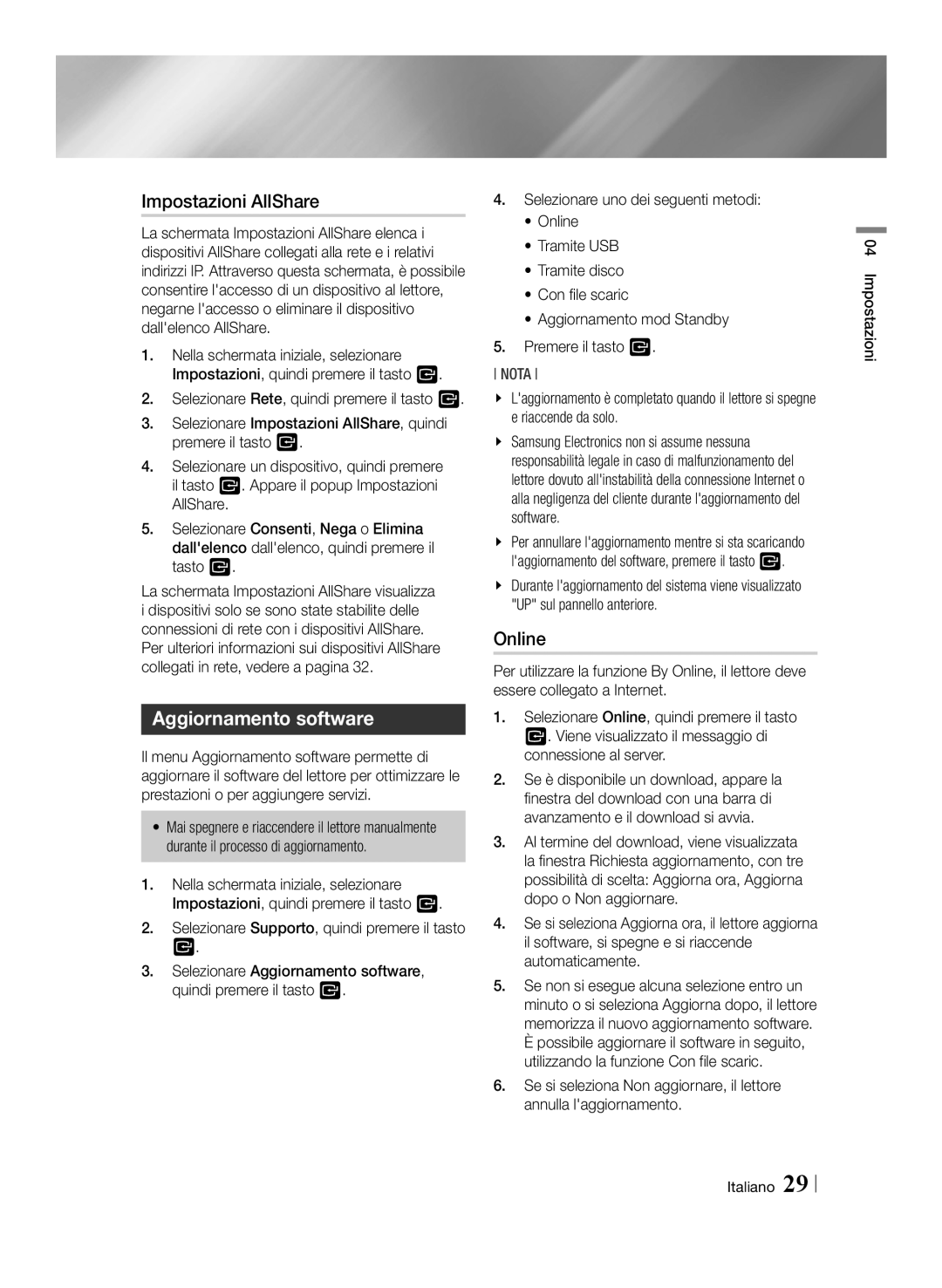 Samsung BD-E6100/EN, BD-E6100/XN, BD-E6100/ZF, BD-E6100/XE manual Impostazioni AllShare, Aggiornamento software 