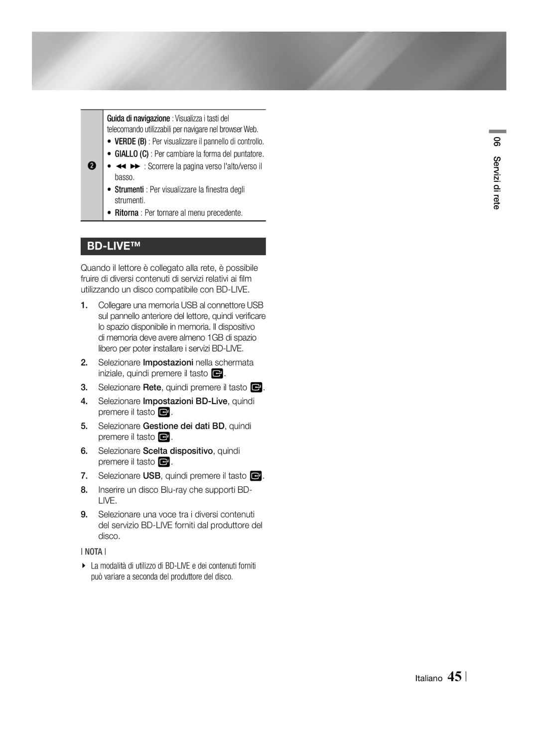 Samsung BD-E6100/EN, BD-E6100/XN, BD-E6100/ZF Verde B Per visualizzare il pannello di controllo, Servizi di rete Italiano 