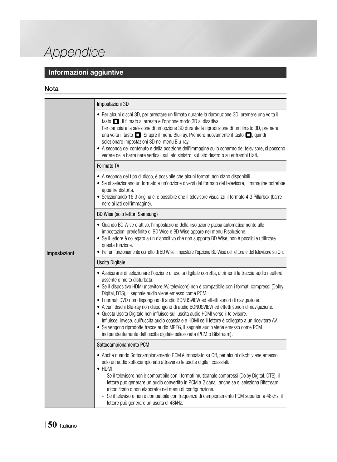 Samsung BD-E6100/ZF, BD-E6100/XN manual Informazioni aggiuntive, Nota, Impostazioni Impostazioni 3D, Sottocampionamento PCM 