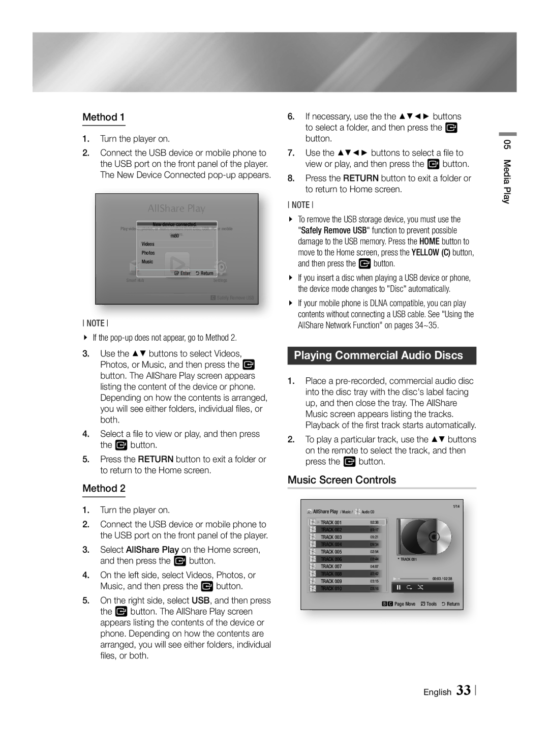 Samsung BD-E6100/EN Playing Commercial Audio Discs, Music Screen Controls, Method, Turn the player on, Media Play English 