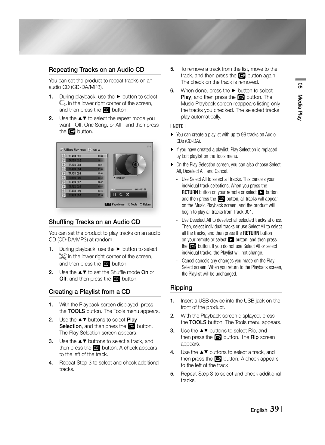 Samsung BD-E6100/XE manual Repeating Tracks on an Audio CD, Shuffling Tracks on an Audio CD, Creating a Playlist from a CD 