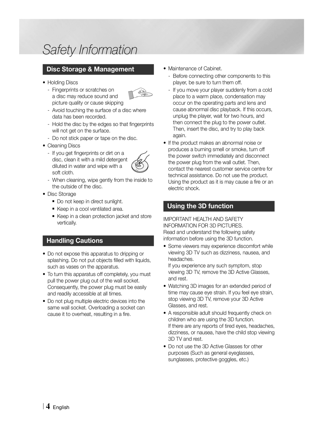 Samsung BD-E6100/XN, BD-E6100/EN, BD-E6100/ZF manual Disc Storage & Management, Handling Cautions, Using the 3D function 