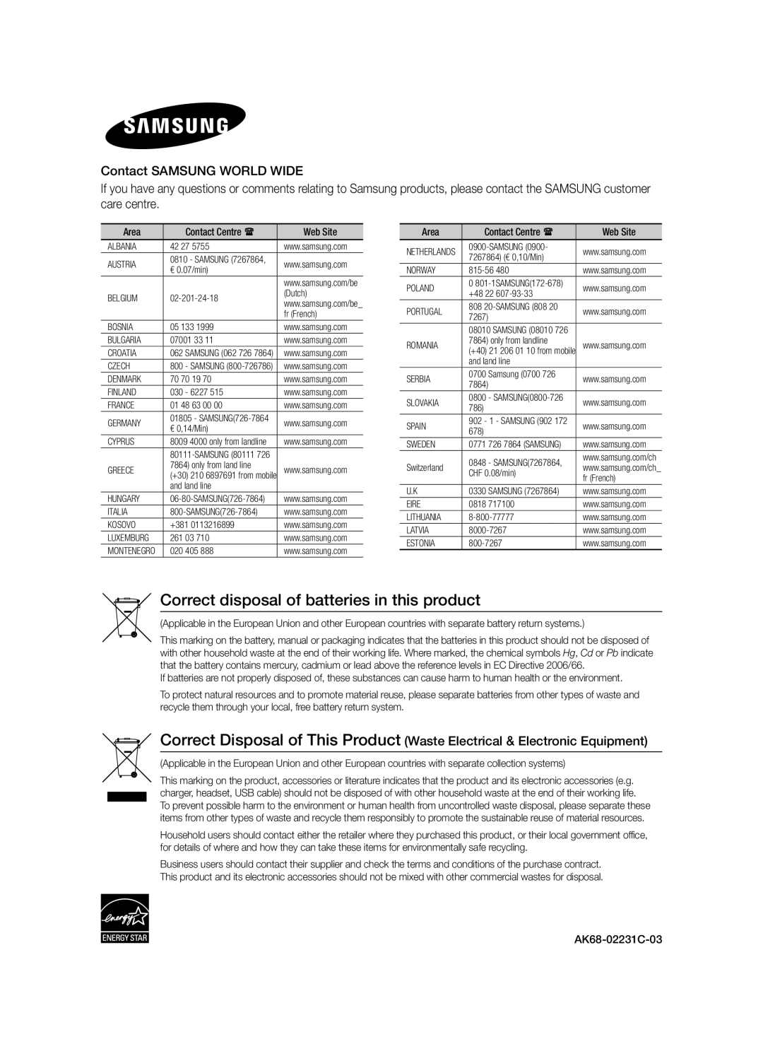 Samsung BD-E6100/ZF manual Correct disposal of batteries in this product, Area Contact Centre  Web Site, AK68-02231C-03 