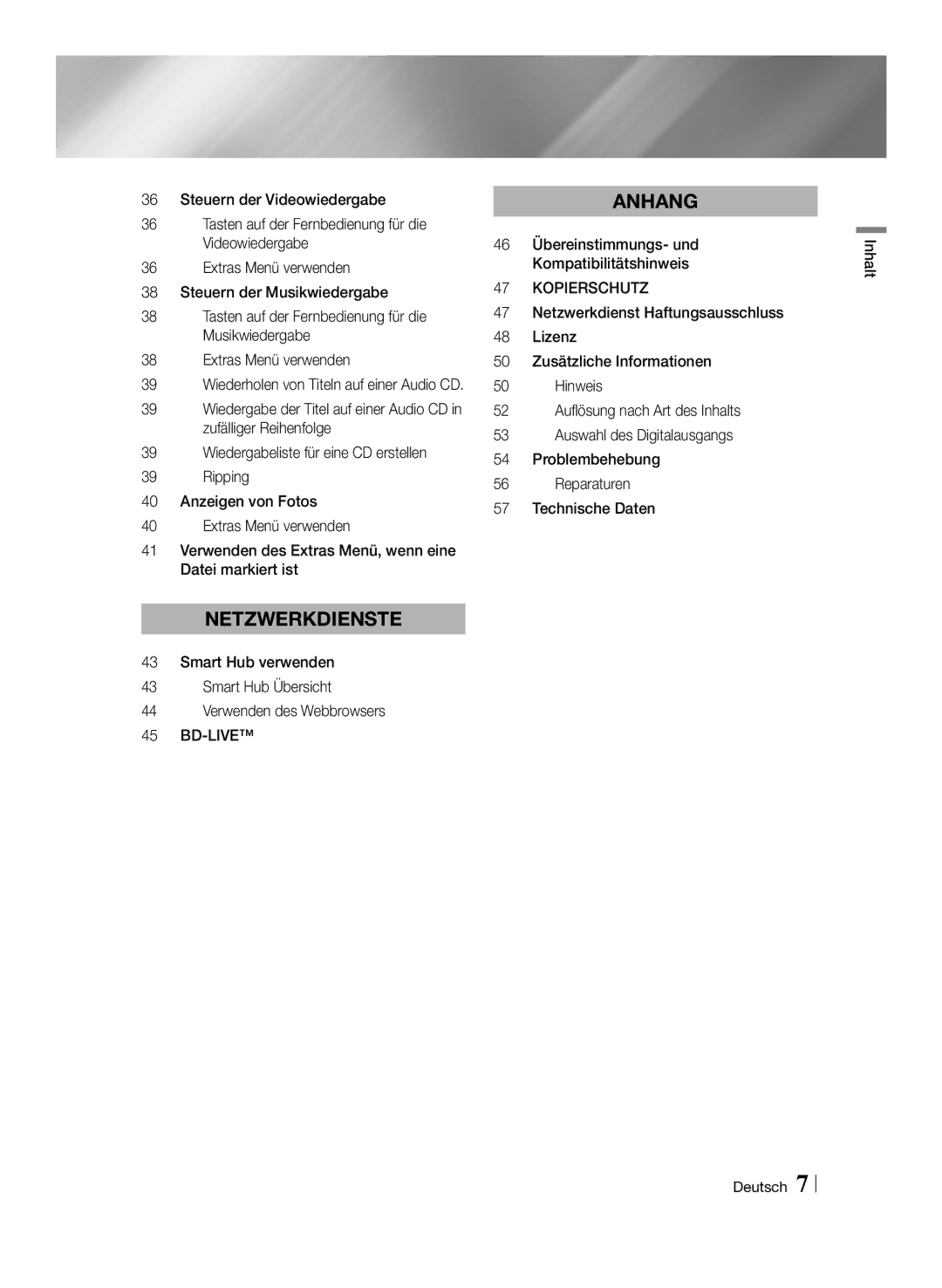 Samsung BD-E6100/EN, BD-E6100/XN, BD-E6100/ZF 46 Übereinstimmungs- und Kompatibilitätshinweis, Kopierschutz, Inhalt Deutsch 