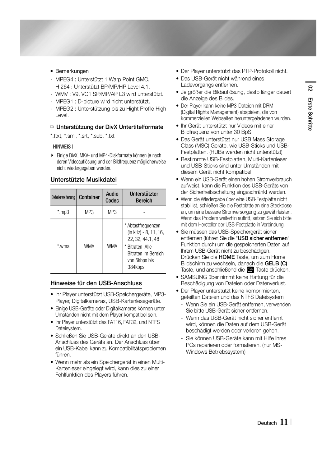 Samsung BD-E6100/EN, BD-E6100/XN, BD-E6100/ZF, BD-E6100/XE manual Unterstützte Musikdatei, Hinweise für den USB-Anschluss 