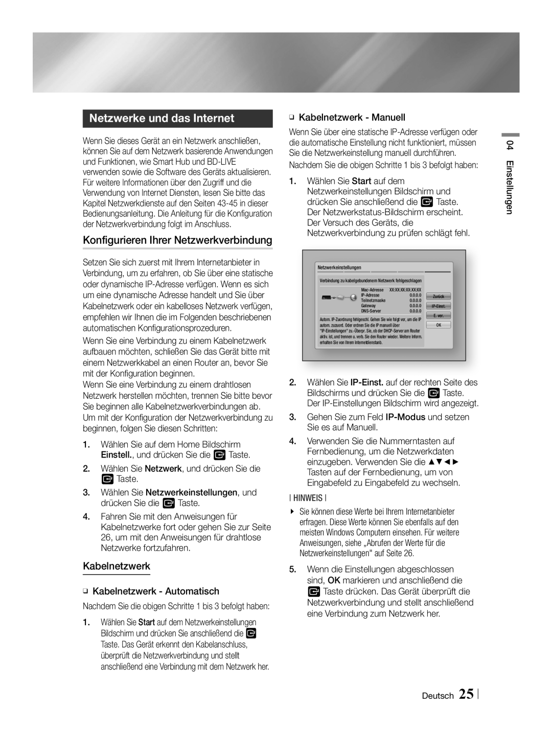 Samsung BD-E6100/XE, BD-E6100/XN manual Netzwerke und das Internet, Konfigurieren Ihrer Netzwerkverbindung, Kabelnetzwerk 