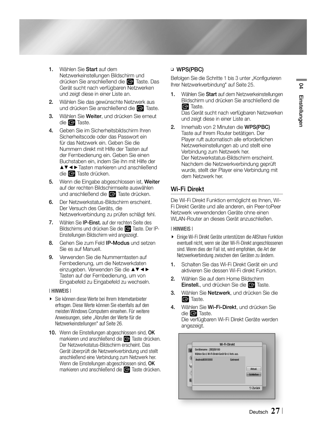 Samsung BD-E6100/EN, BD-E6100/XN manual Wi-Fi Direkt, Wählen Sie Weiter, und drücken Sie erneut die v Taste, Einstellungen 