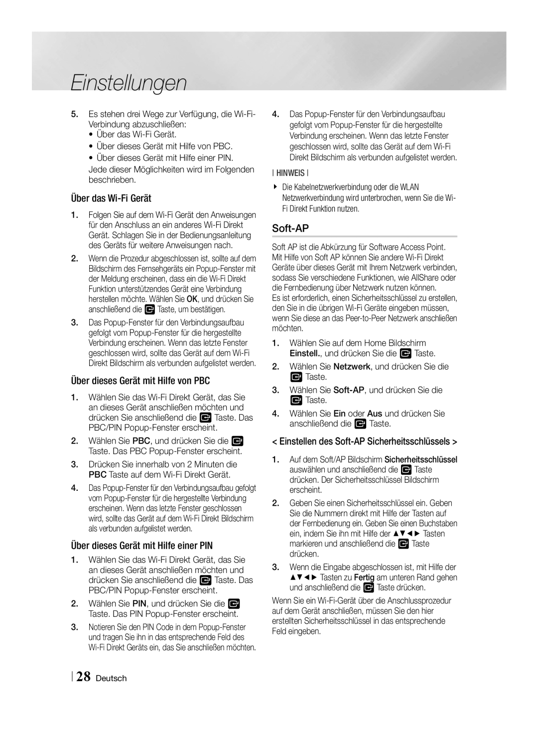 Samsung BD-E6100/ZF, BD-E6100/XN, BD-E6100/EN manual Soft-AP, Über das Wi-Fi Gerät, Über dieses Gerät mit Hilfe von PBC 