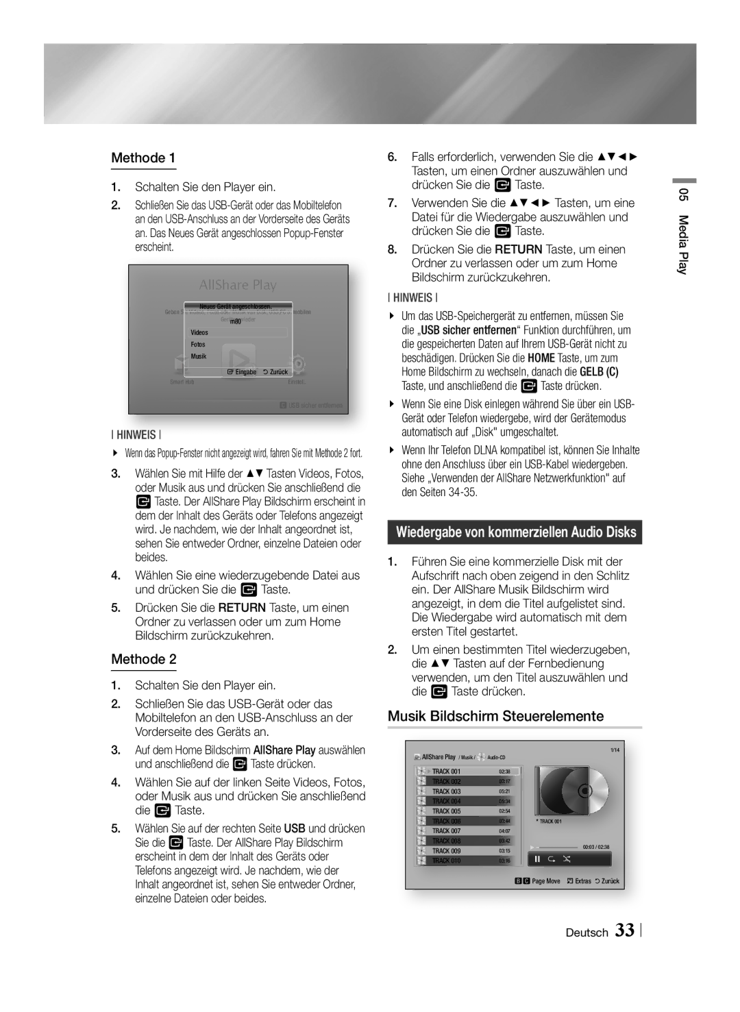 Samsung BD-E6100/XE, BD-E6100/XN, BD-E6100/EN manual Musik Bildschirm Steuerelemente, Methode, Schalten Sie den Player ein 