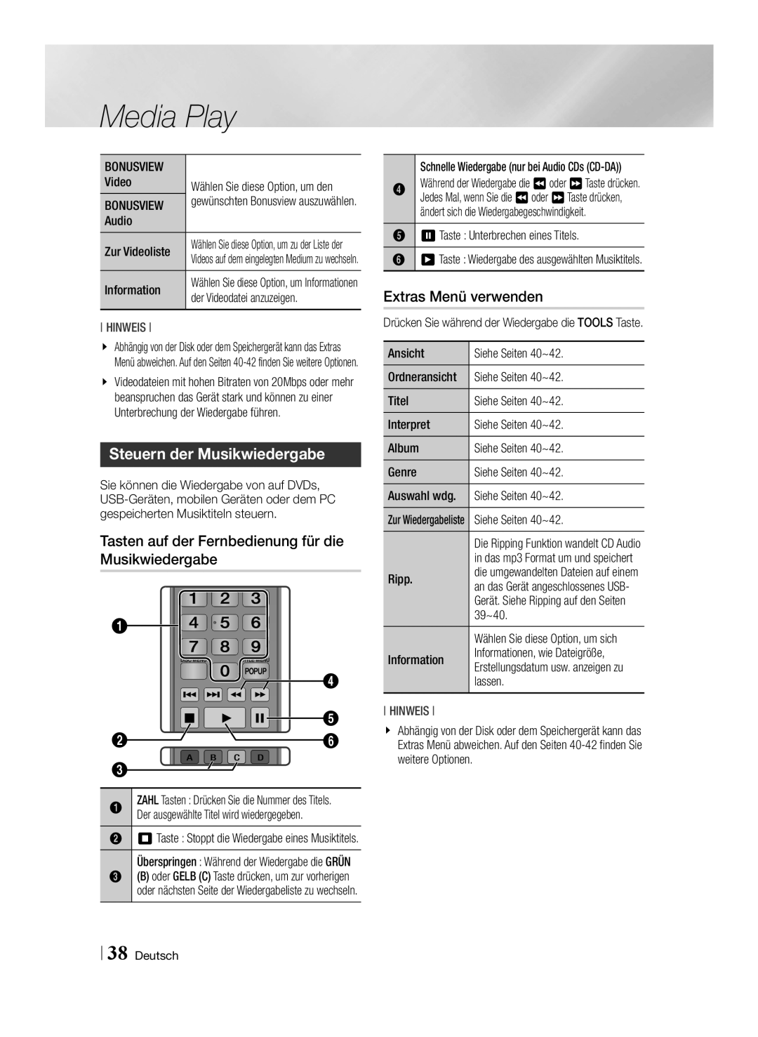 Samsung BD-E6100/XN, BD-E6100/EN manual Steuern der Musikwiedergabe, Tasten auf der Fernbedienung für die Musikwiedergabe 