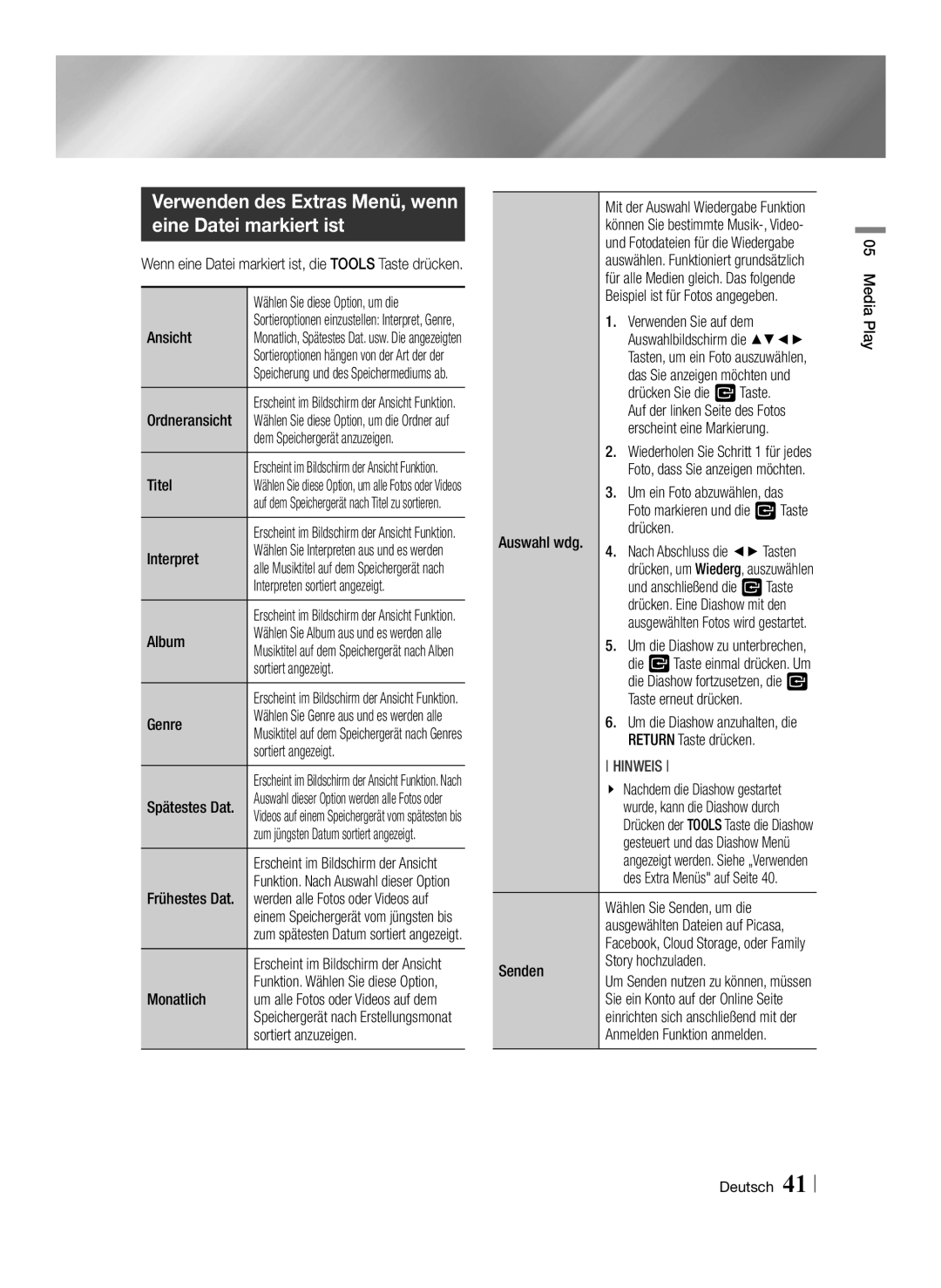 Samsung BD-E6100/XE, BD-E6100/XN, BD-E6100/EN, BD-E6100/ZF manual Verwenden des Extras Menü, wenn eine Datei markiert ist 