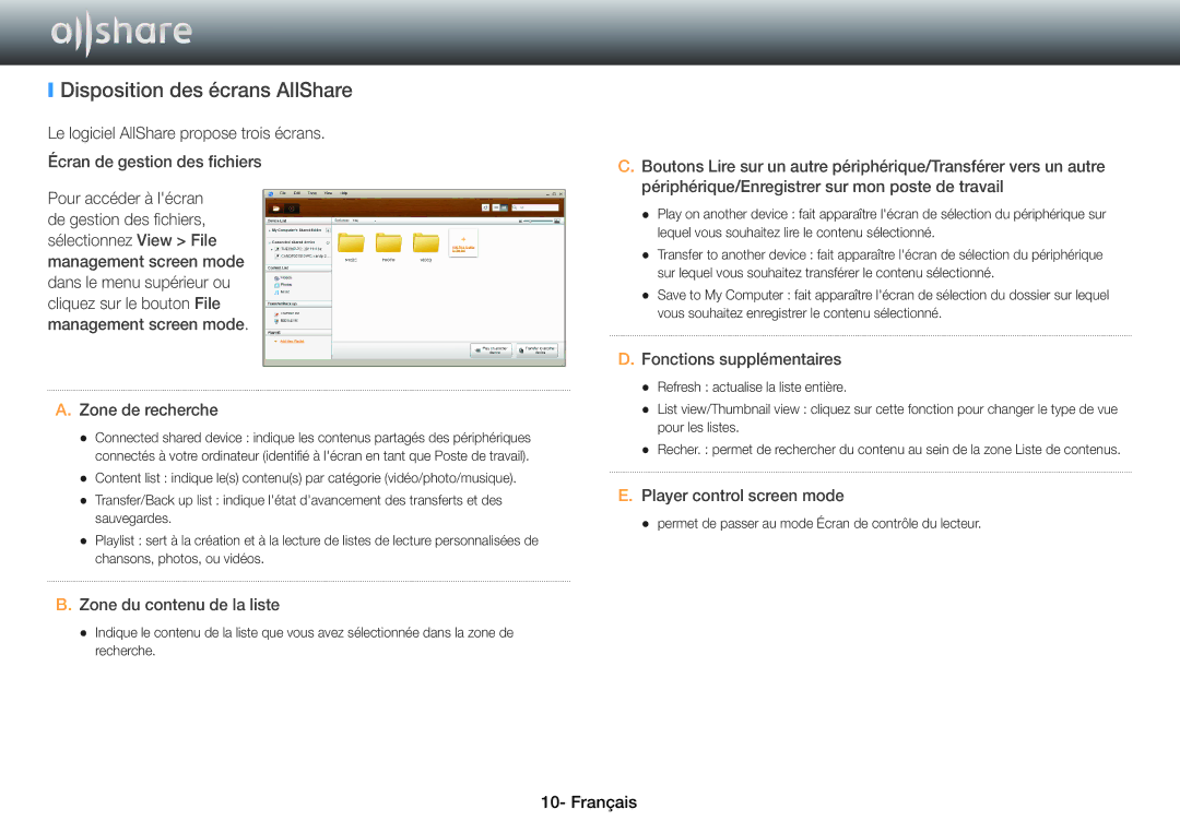 Samsung BD-E8500/ZF, BD-E6100/ZF, BD-E8900/ZF, BD-E8300/ZF manual Disposition des écrans AllShare, Fonctions supplémentaires 