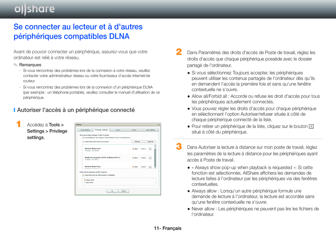 Samsung BD-E8300/ZF, BD-E6100/ZF, BD-E8900/ZF, BD-E8500/ZF manual Autoriser laccès à un périphérique connecté 