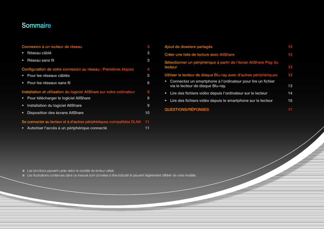 Samsung BD-E8500/ZF, BD-E6100/ZF, BD-E8900/ZF, BD-E8300/ZF manual Sommaire 