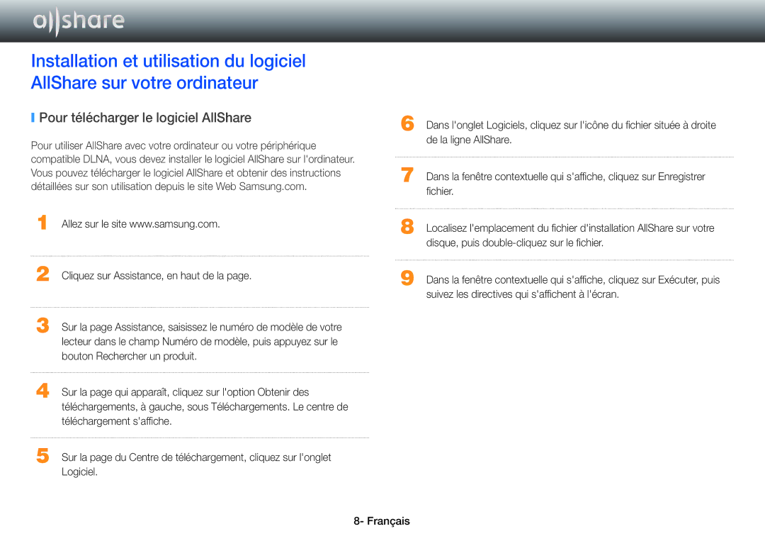 Samsung BD-E6100/ZF, BD-E8900/ZF, BD-E8500/ZF, BD-E8300/ZF manual Pour télécharger le logiciel AllShare 