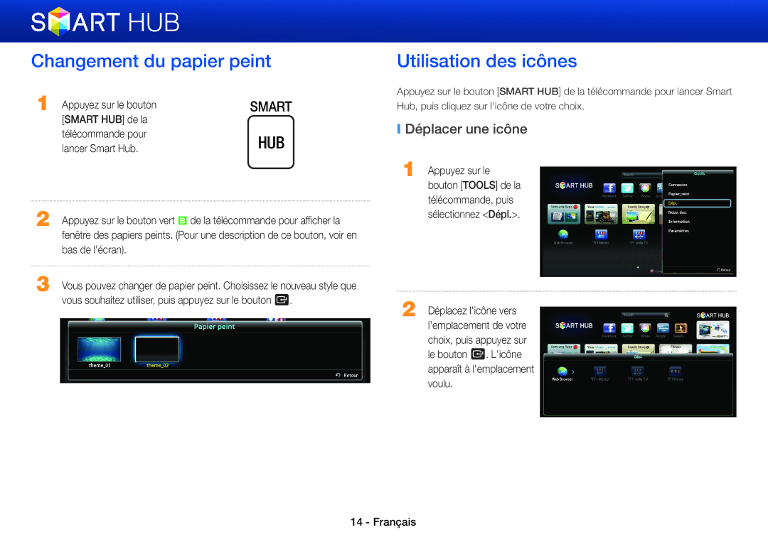 Samsung BD-E8500/ZF, BD-E6100/ZF Changement du papier peint, Utilisation des icônes, Déplacer une icône, Bas de lécran 