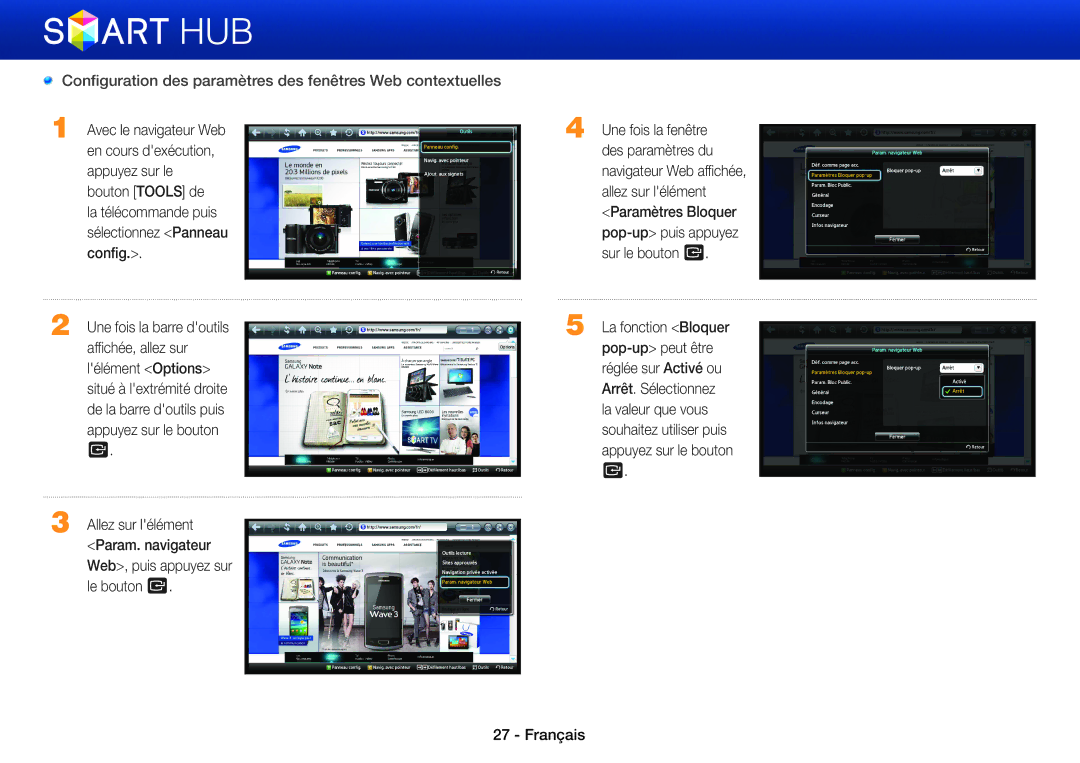 Samsung BD-E8300/ZF, BD-E6100/ZF, BD-E8900/ZF, BD-E8500/ZF manual Configuration des paramètres des fenêtres Web contextuelles 