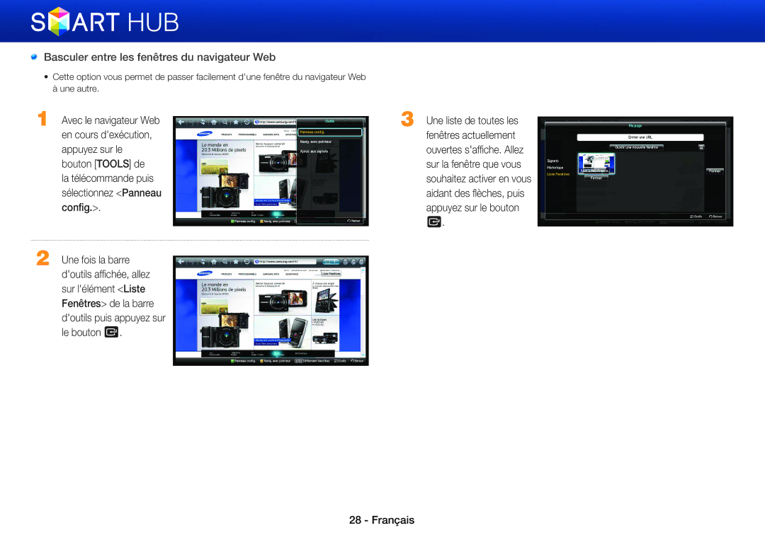 Samsung BD-E6100/ZF, BD-E8900/ZF Basculer entre les fenêtres du navigateur Web, Une fois la barre, Doutils affichée, allez 