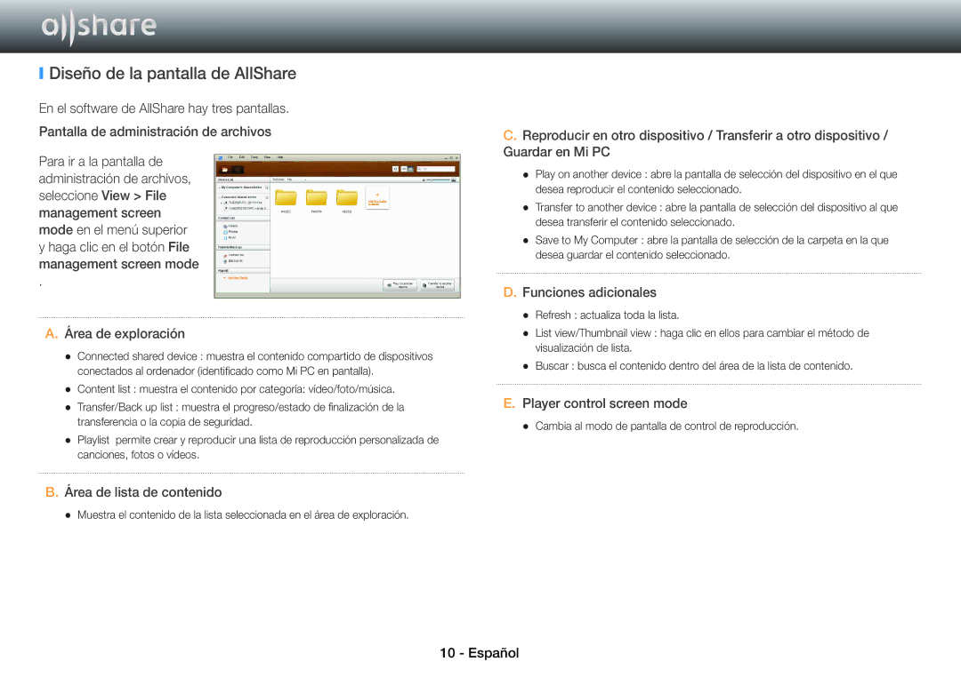 Samsung BD-E8500/ZF, BD-E6100/ZF, BD-E8900/ZF, BD-E8300/ZF manual Diseño de la pantalla de AllShare, Funciones adicionales 