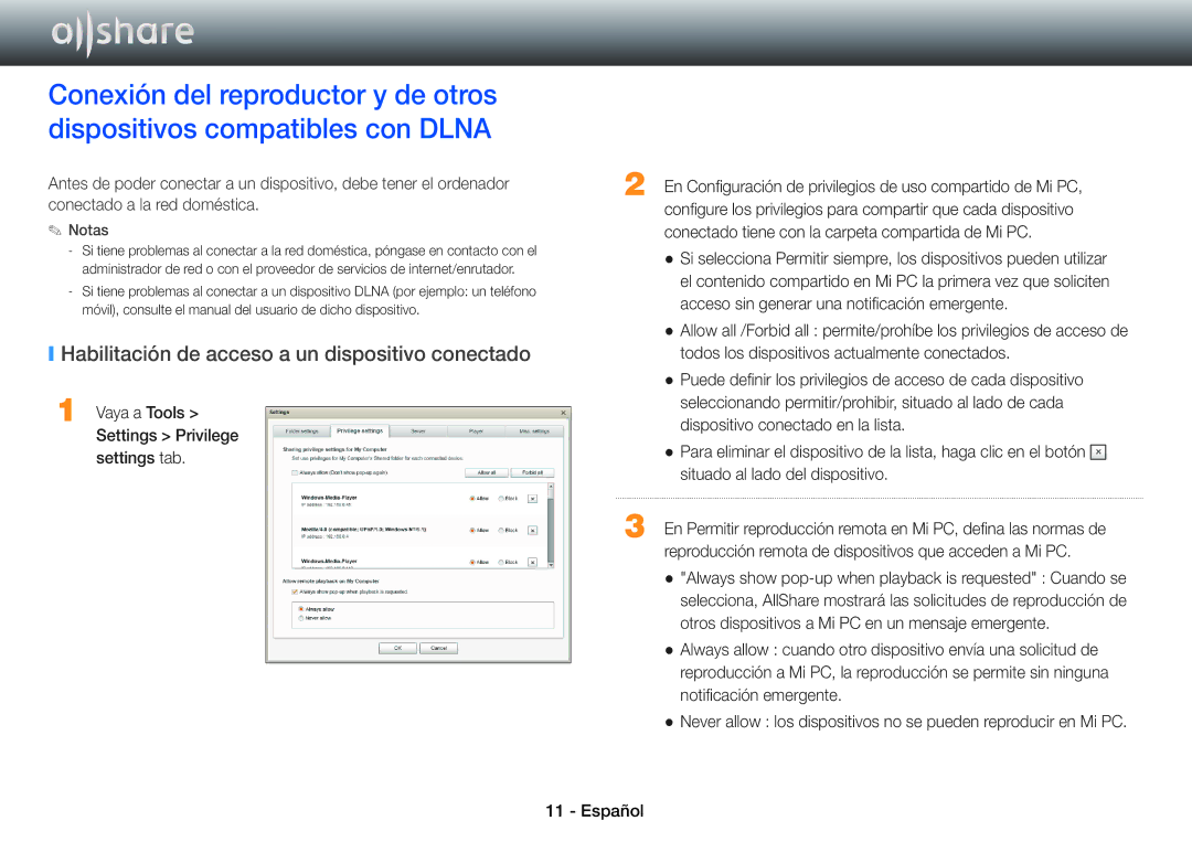 Samsung BD-E8300/ZF, BD-E6100/ZF, BD-E8900/ZF, BD-E8500/ZF manual Habilitación de acceso a un dispositivo conectado 