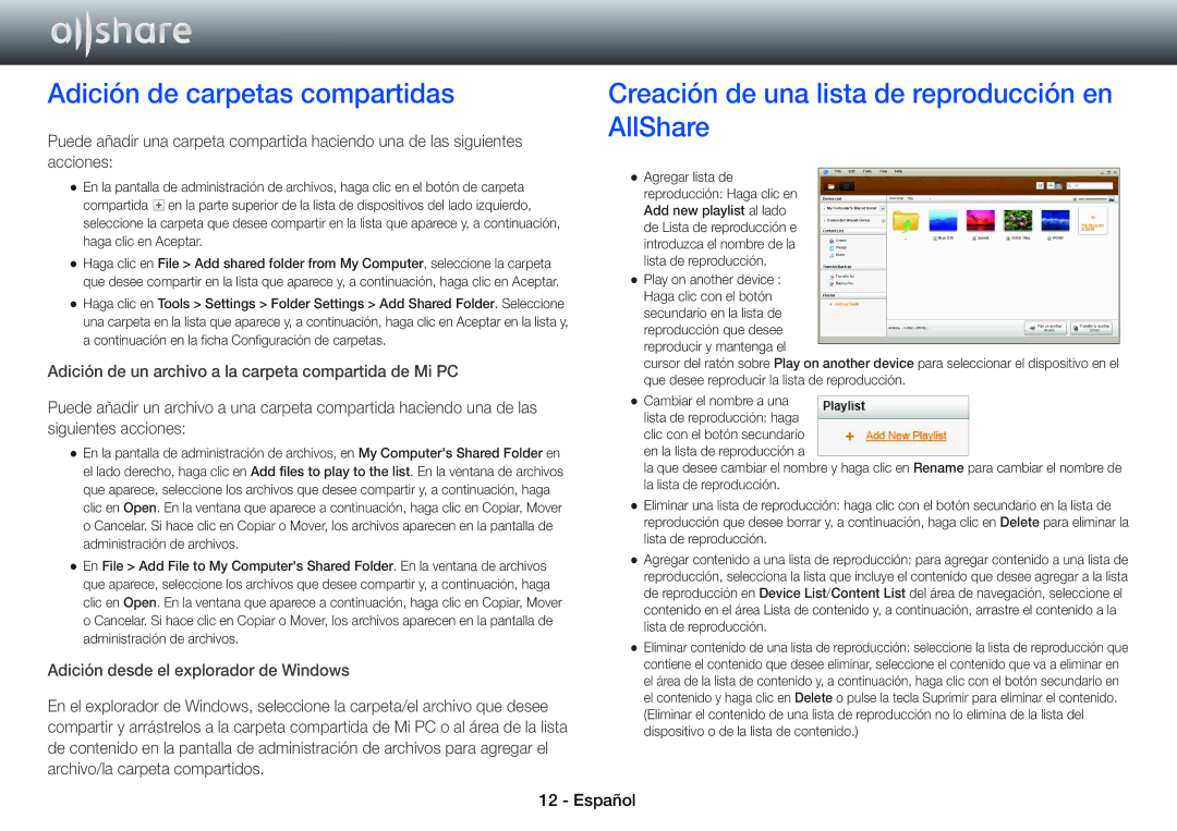 Samsung BD-E6100/ZF, BD-E8900/ZF manual Adición de carpetas compartidas, Creación de una lista de reproducción en AllShare 