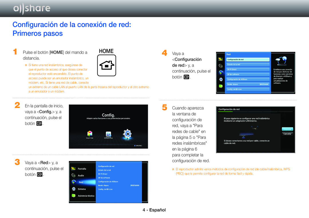 Samsung BD-E6100/ZF manual Configuración de la conexión de red Primeros pasos, Pulse el botón Home del mando a, Distancia 