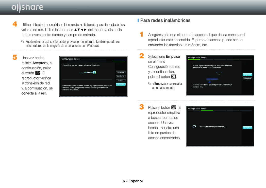 Samsung BD-E8500/ZF, BD-E6100/ZF, BD-E8900/ZF, BD-E8300/ZF manual Para redes inalámbricas 