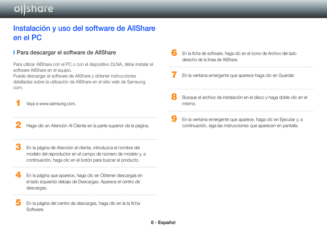 Samsung BD-E6100/ZF manual Instalación y uso del software de AllShare en el PC, Para descargar el software de AllShare 