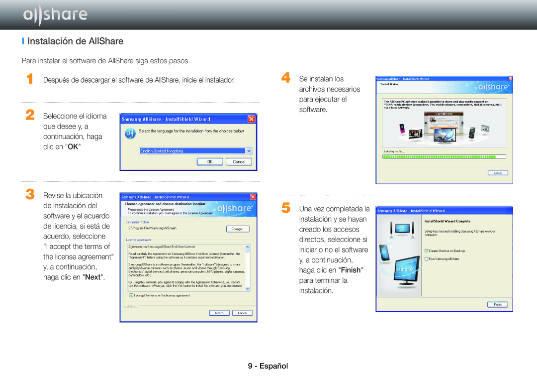 Samsung BD-E8900/ZF, BD-E6100/ZF Instalación de AllShare, De instalación del, Se instalan los, Para ejecutar el software 