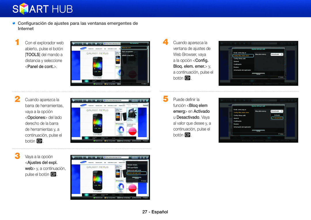 Samsung BD-E8300/ZF manual Web Browser, vaya, La opción Config, Puede definir la, Función Bloq elem, Emerg en Activado 