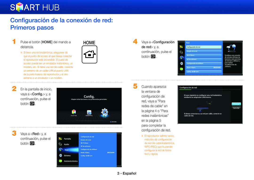 Samsung BD-E8300/ZF manual Configuración de la conexión de red Primeros pasos, Pulse el botón Home del mando a, Distancia 