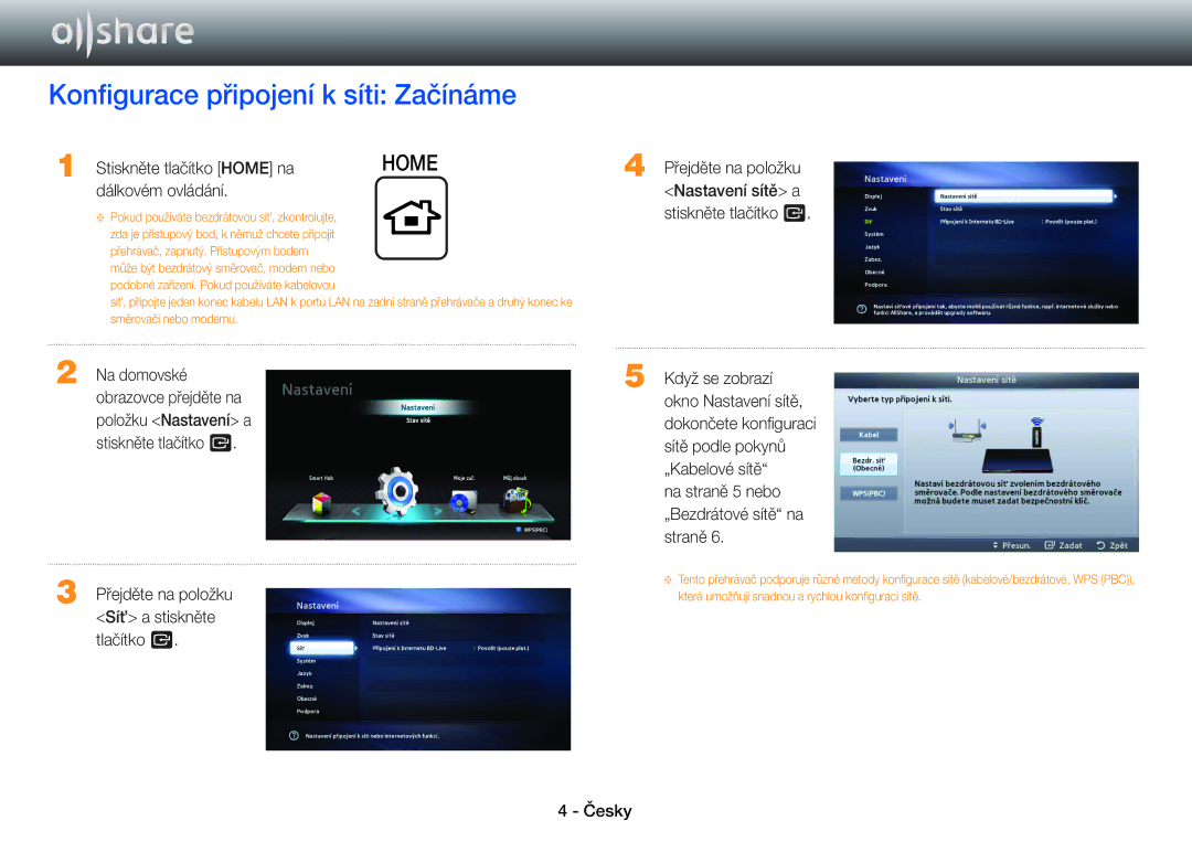 Samsung BD-E5500/EN Konfigurace připojení k síti Začínáme, Stiskněte tlačítko Home na, Dálkovém ovládání, Síť a stiskněte 