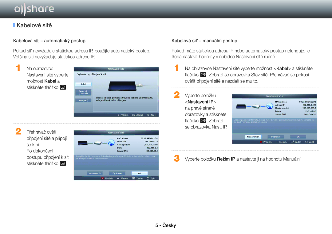 Samsung BD-ES5000/EN, BD-E6300/EN, BD-E5500/EN manual Kabelové sítě 