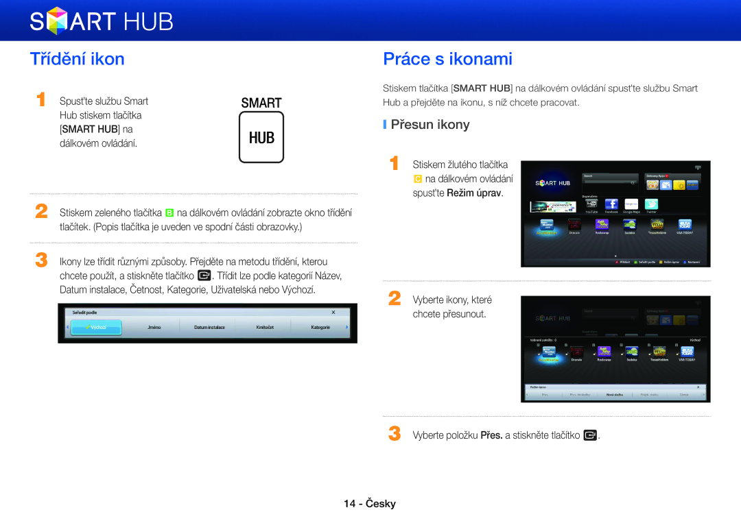 Samsung BD-E6300/EN, BD-E5500/EN manual Třídění ikon, Práce s ikonami, Přesun ikony, Spusťte Režim úprav 