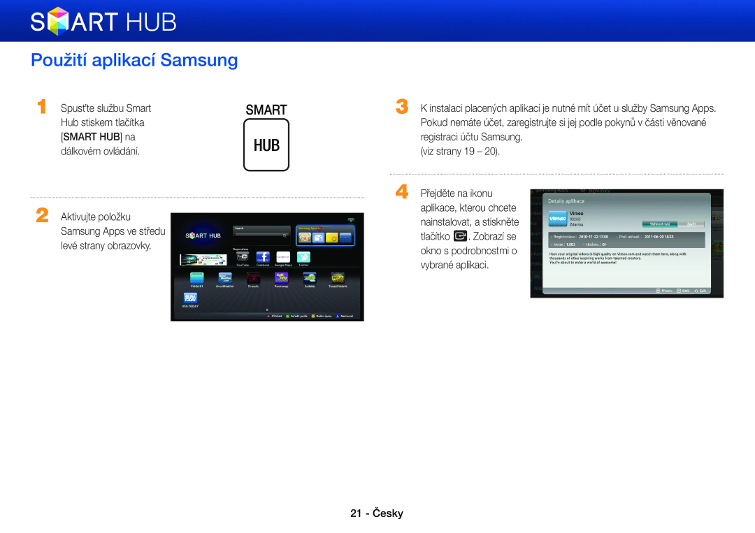 Samsung BD-E5500/EN, BD-E6300/EN manual Použití aplikací Samsung, Registraci účtu Samsung, Viz strany 19, Přejděte na ikonu 