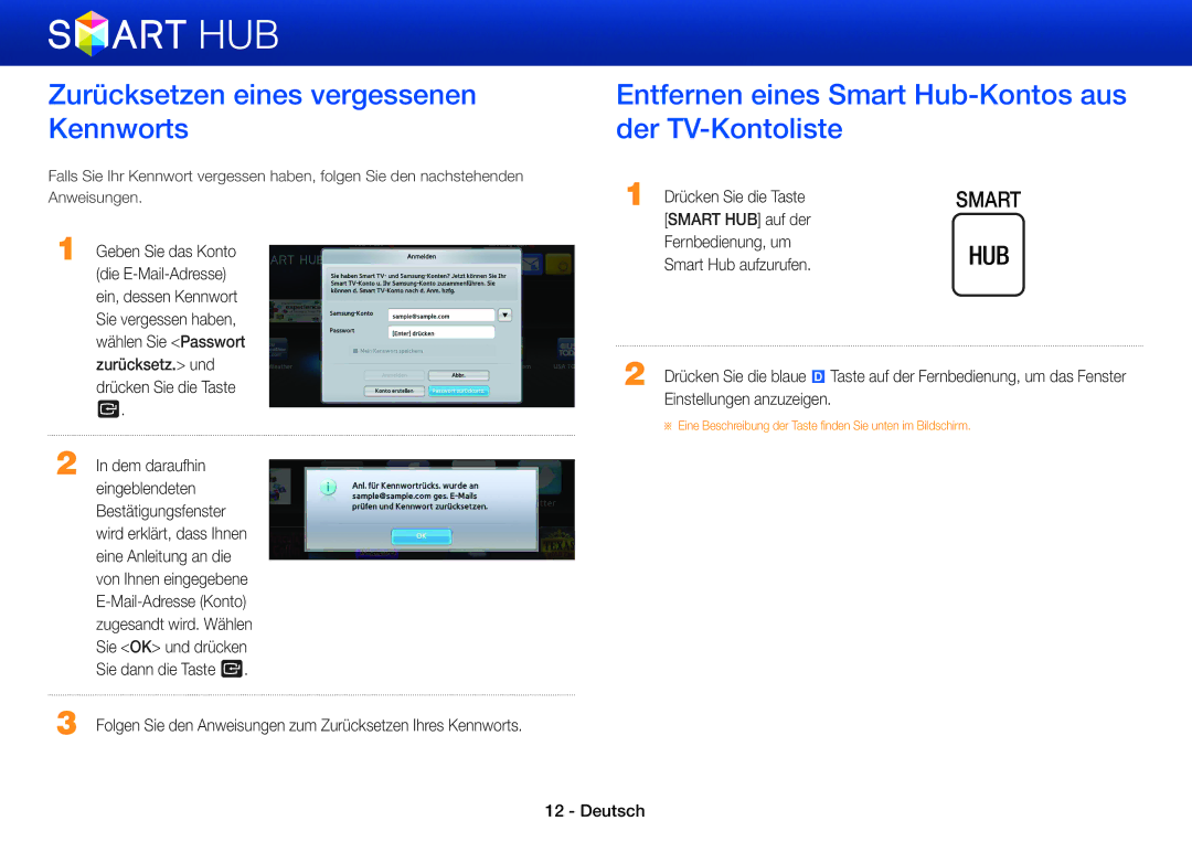 Samsung BD-E5500/EN manual Zurücksetzen eines vergessenen Kennworts, Entfernen eines Smart Hub-Kontos aus der TV-Kontoliste 